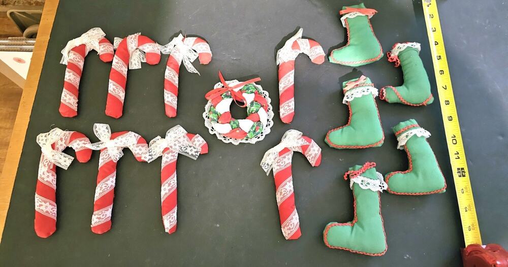 14 Vintage Homemade All Cloth Christmas Ornaments Candy Canes, Stocking,Wreath